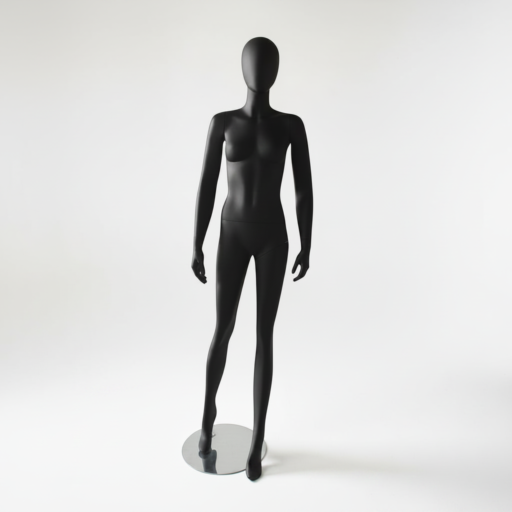 1300 Faceless damemannequin. Sort med hoved (egg). Rund metalfod. H 180 cm. Model A