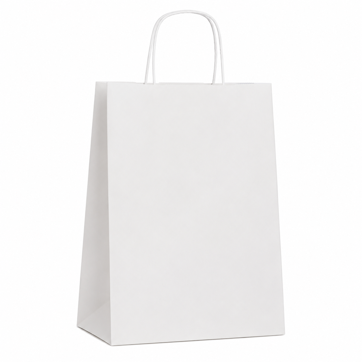 Paperipussi kierretyillä kahvoilla. Korkeus 32 cm. Valkoinen