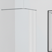 Prøverum, V-løsning (hjørneløsning ), inkl. hvidt forhæng, alu-farvet gardinstang. 100 x 100 cm, frithængende