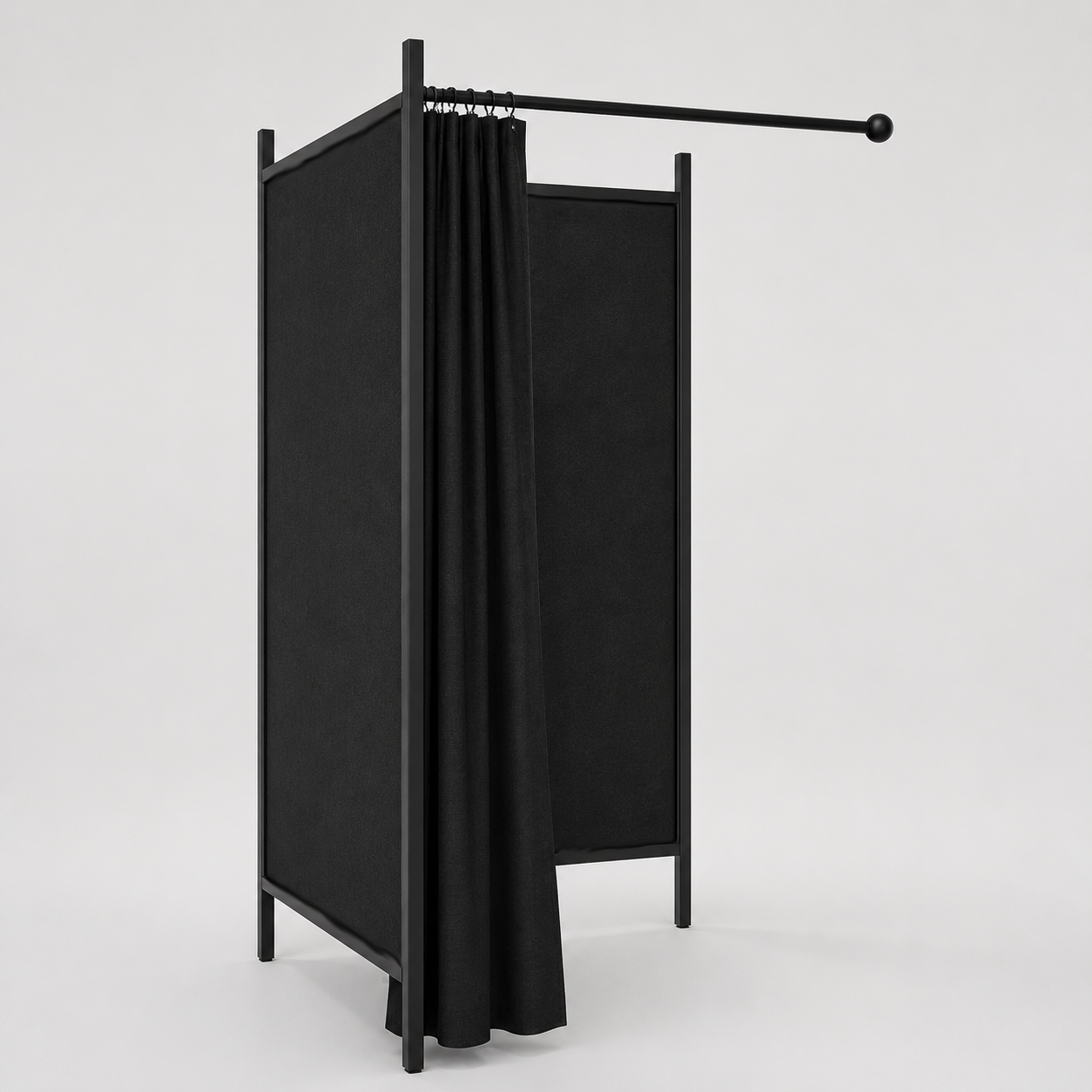 2-sidet prøverum. Sæt med stel i sort, inkl.1 forhæng i sort, stofsider i sort. B 100 x D100 x H 210 cm.