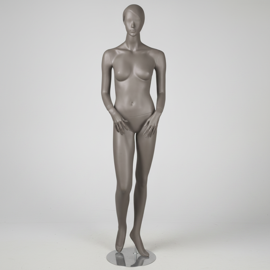 1400 damemannequin. Grå, mat med hoved, ansigt og skulpterede hår. H 178 cm. Hænder foran