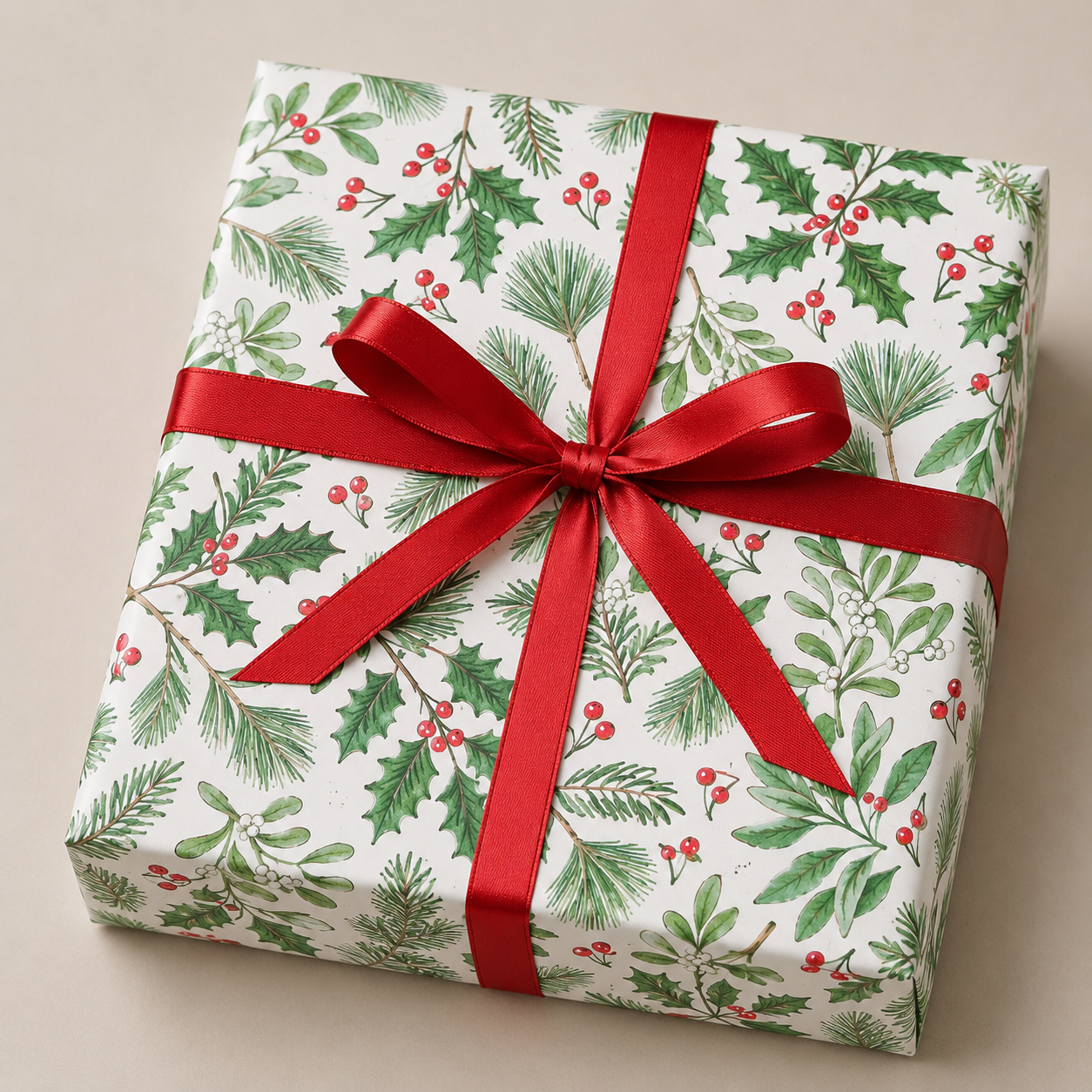 Joulupaperi ilex- ja kuusenoksilla. B50 cm x 50 mtr.
