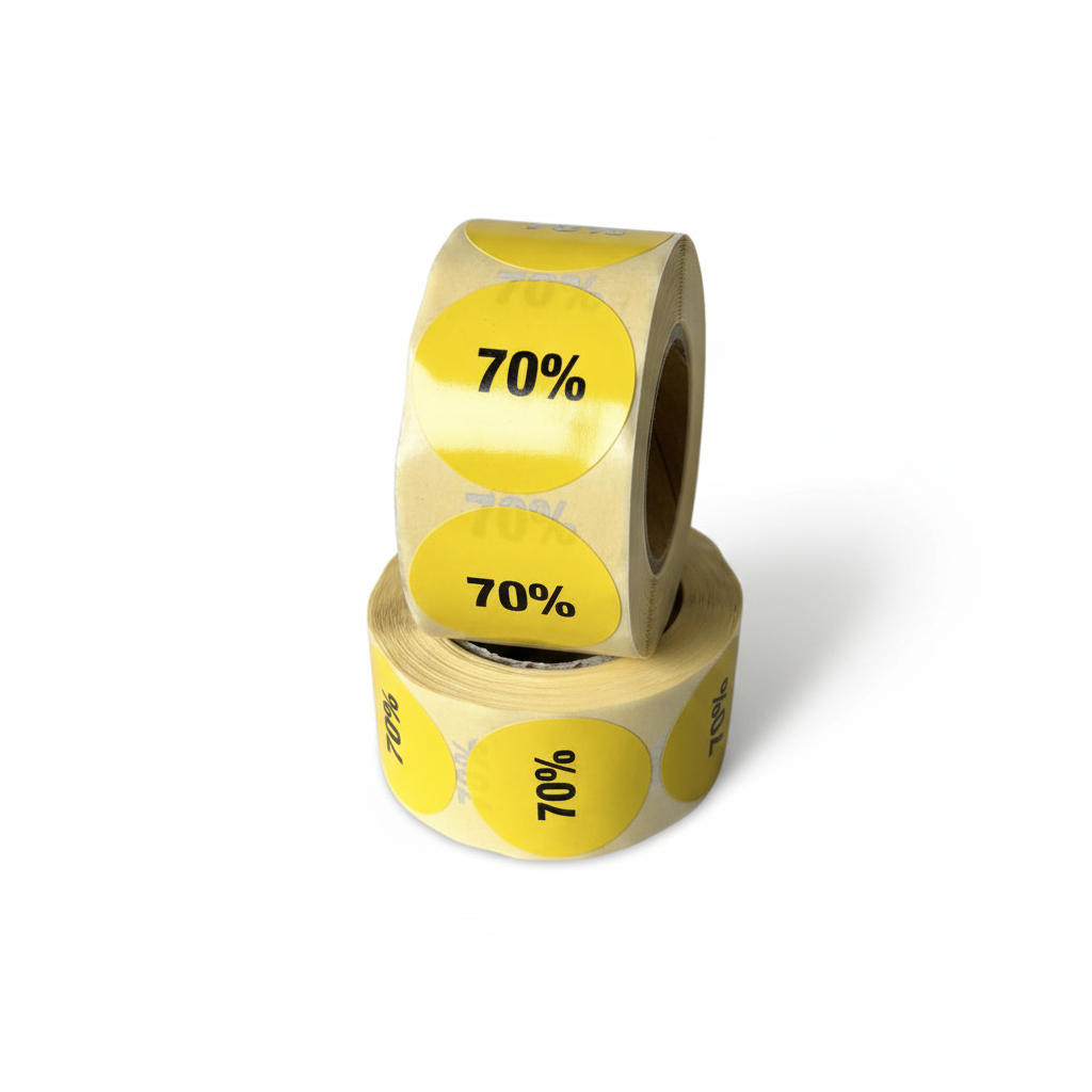 Keltainen alennustarra 70%. Rulla 500 kpl. Ø 30 mm.