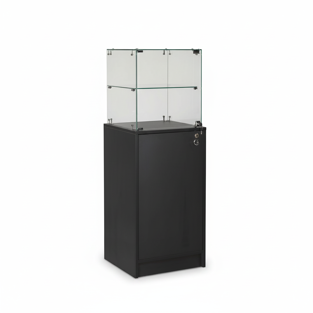 Slimline vitrine med underskab. Lås i vitrine og skab, sort, B46 x D46 x H148