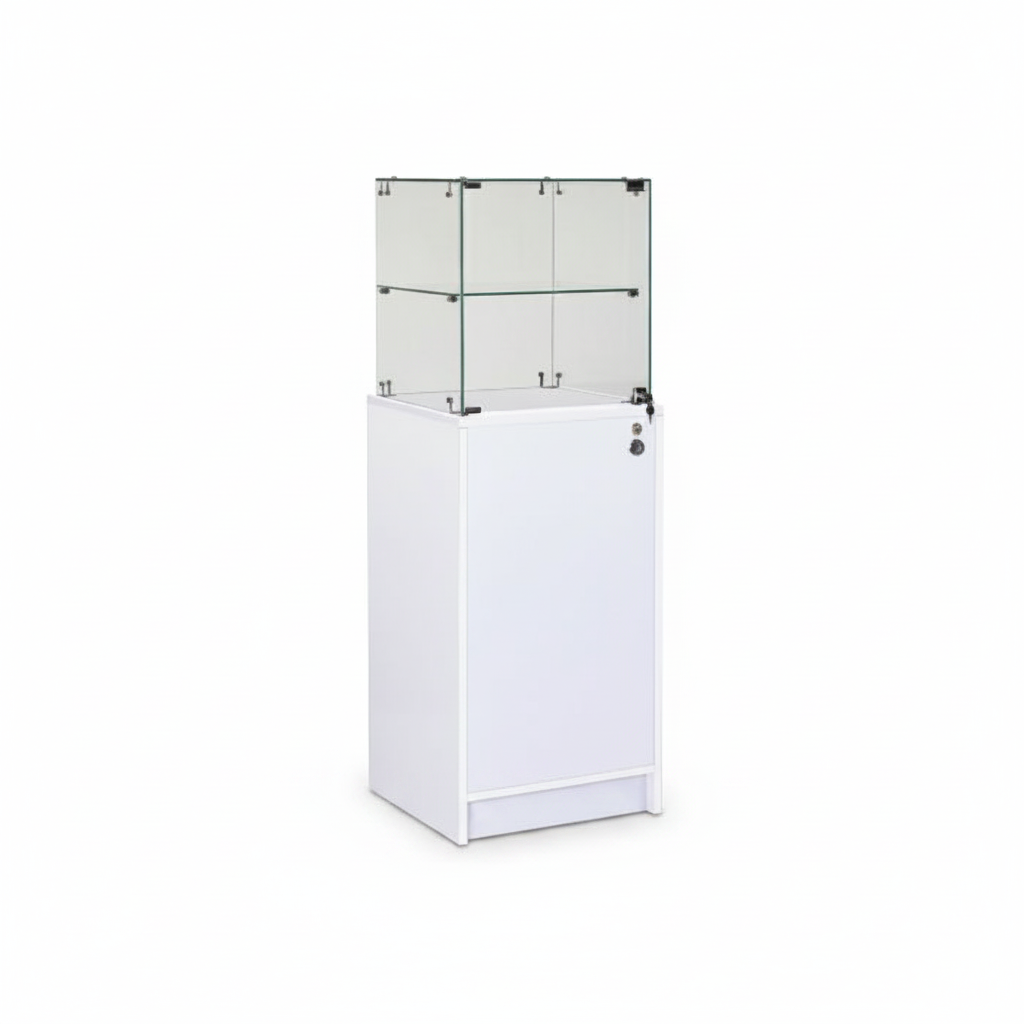 Slimline vitrine med underskab. Lås i vitrine og skab, hvid, B46 x D46 x H148