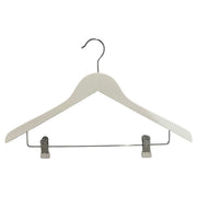 Træbøjle, massiv, flad, voksen, med klemmer, hvid, 12 mm tyk, 45 cm