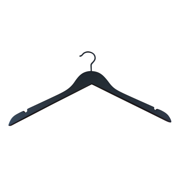 Træbøjle, massiv, flad, voksen, med gummi og hak, uden stang, sort, 12 mm tyk, 45 cm