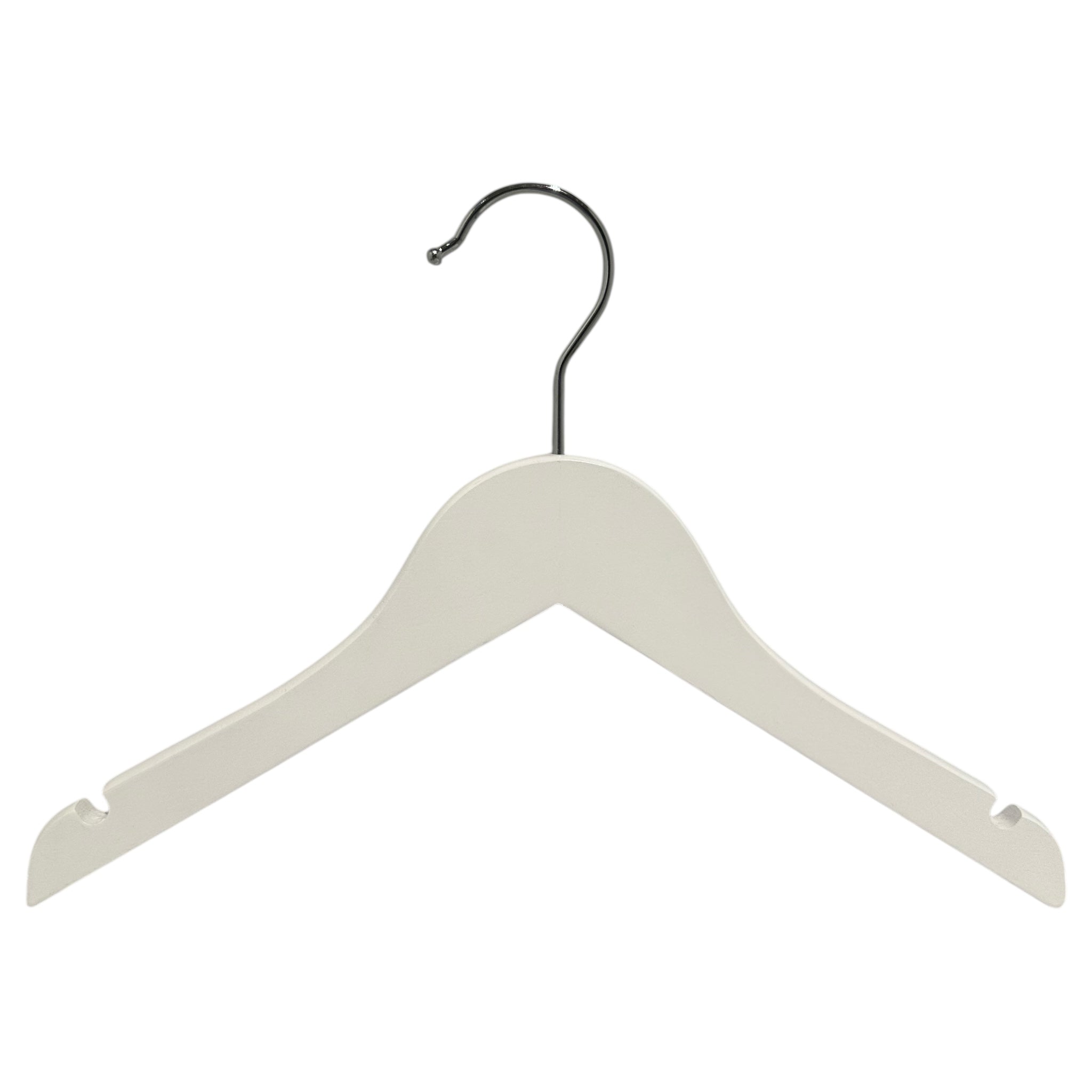 Træbøjle, massiv, flad, junior, med hak og uden stang, hvid, 32 cm