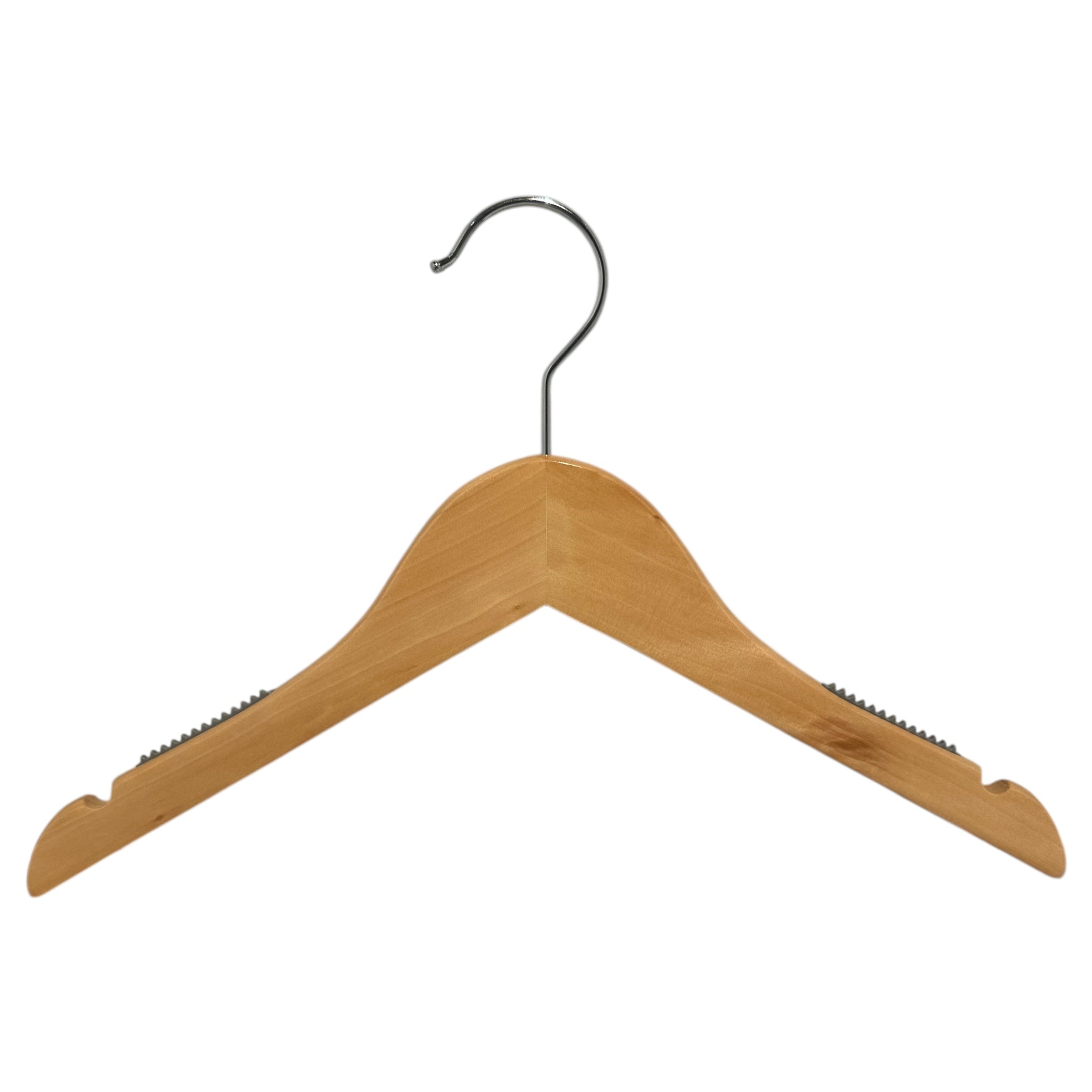 Træbøjle, massiv, flad, junior, med hak og uden stang, natur, 32 cm