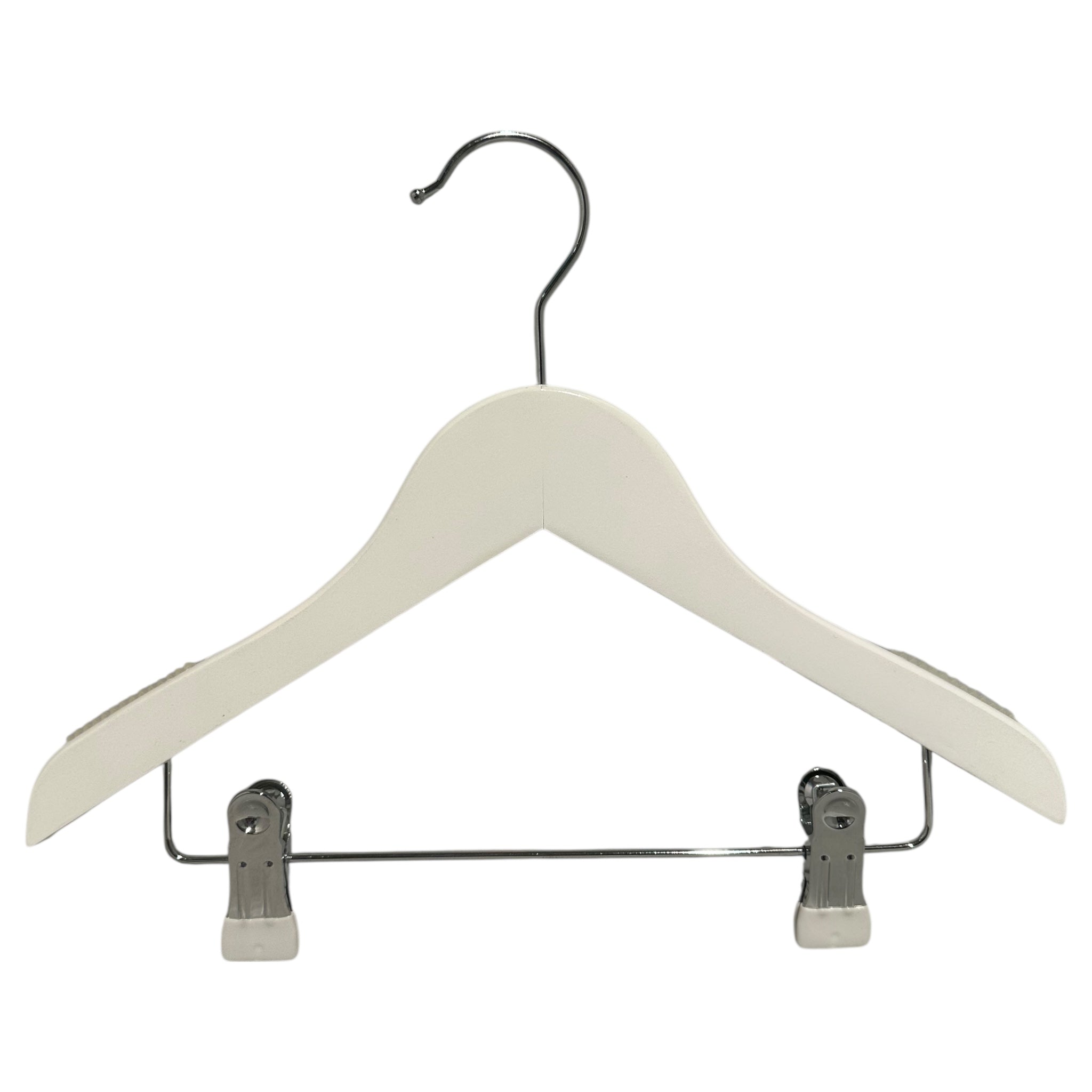 Træbøjle, massiv, flad, junior, med klemme, hvid, 32 cm