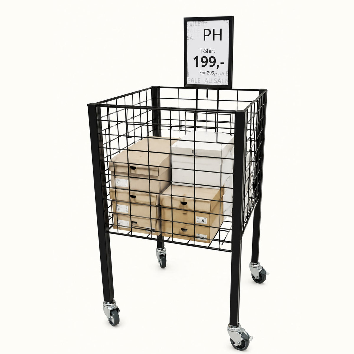Boxer I salgskurv med hjul og justerbar bund – sort, 50 x 50 x H90 cm