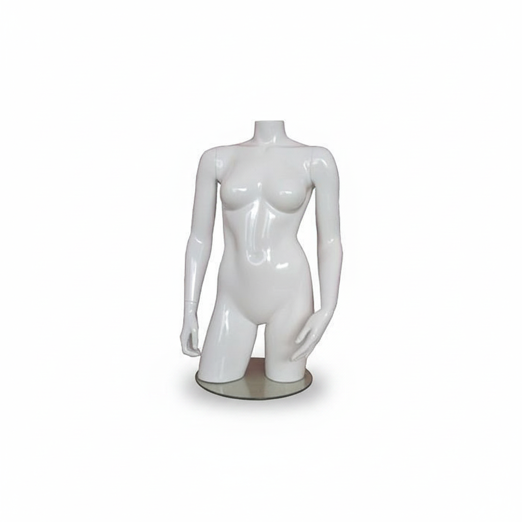 Naisten torso lasikuitua. Valkoinen korkeakiilto, ilman päätä. Torso lonkilla. Jalustalla.