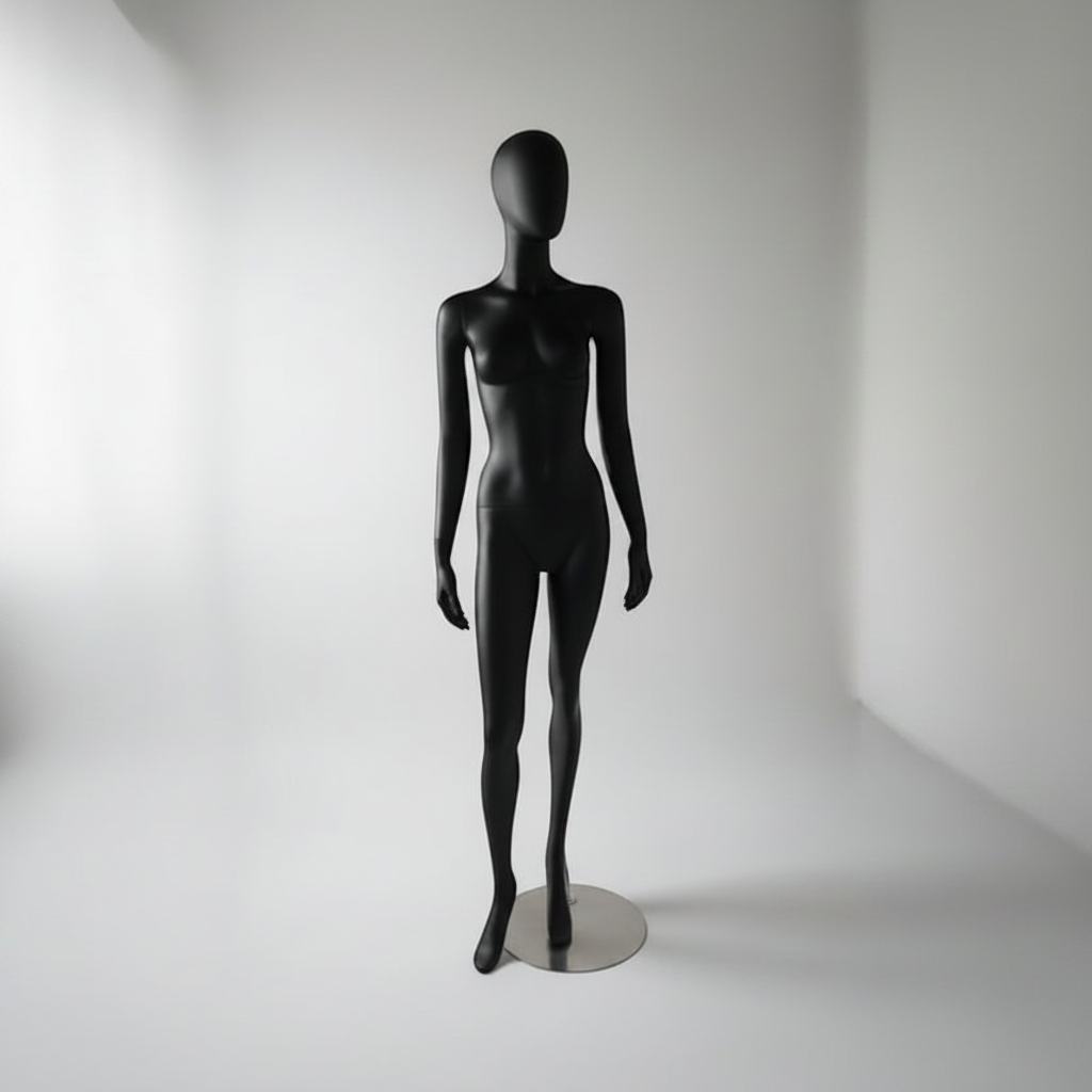1300 Faceless damemannequin. Sort med hoved (egg). Rund metalfod. H 180 cm. Model B