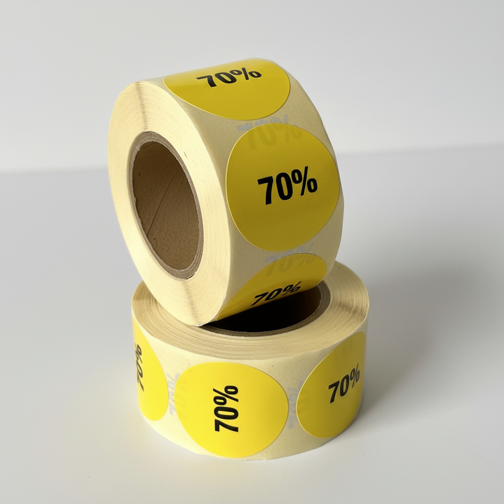Keltainen alennustarra 70%. Rulla 500 kpl. Ø 30 mm.