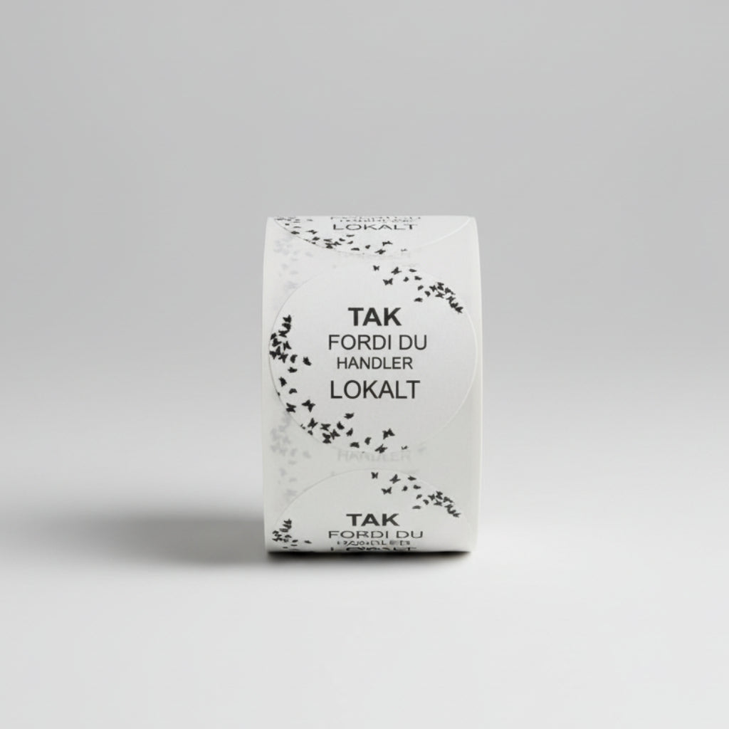 Rund etiket. 500 stk. pr. rulle. TAK FORDI DU HANDLER LOKALT