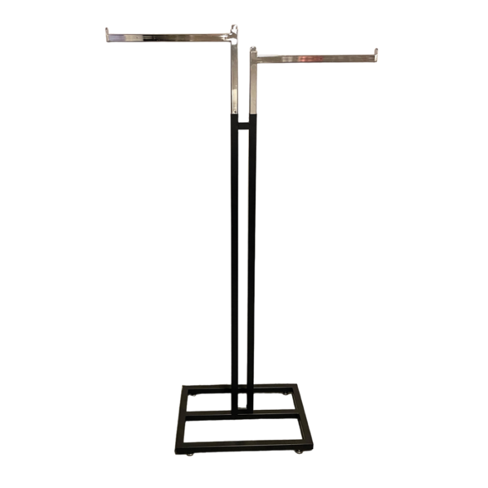 Vaateriteline - 2-varinen lattiajalusta musta, 2 suoraa vartta, 39 cm kromi. Korkeus 130–200 cm. Jalusta 50x35 cm.