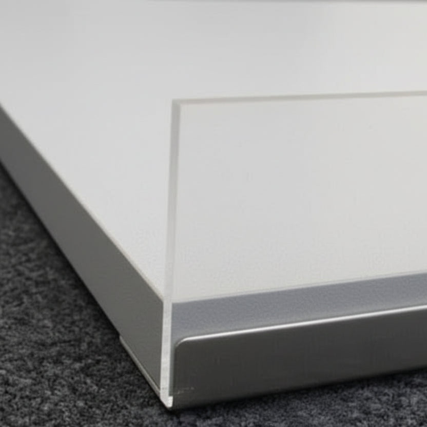 Melamiininen hylly, valkoinen, vinokulmainen, kromireunuksella, 91 x 37 cm