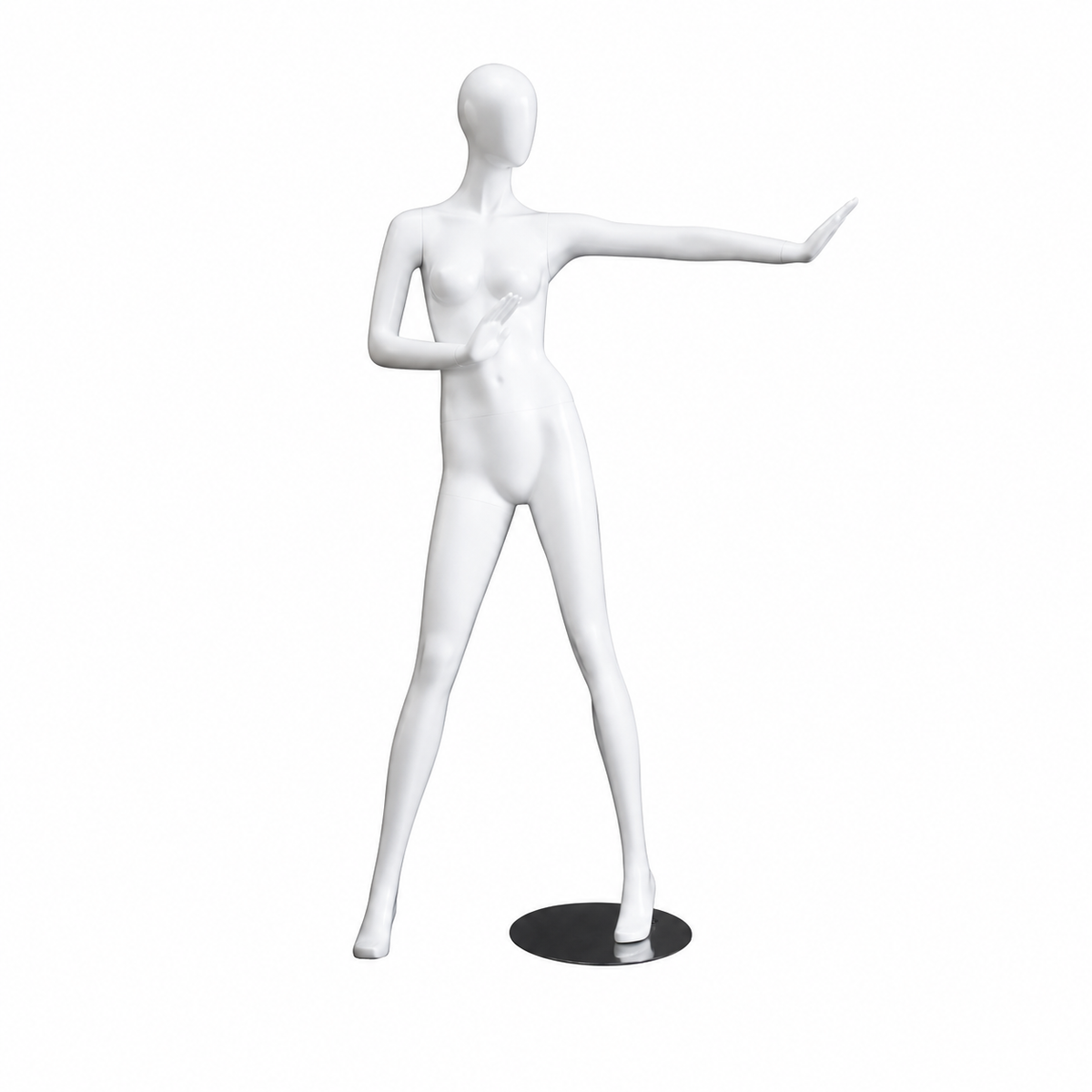 1100 Faceless damemannequin. Hvid high gloss med Faceless hoved. H 178 cm. Stop disko