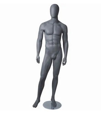1600 Faceless miestenrintamalli. Harmaa mattapinta ja Faceless- pää. Korkeus 184 cm. Metallinen jalusta