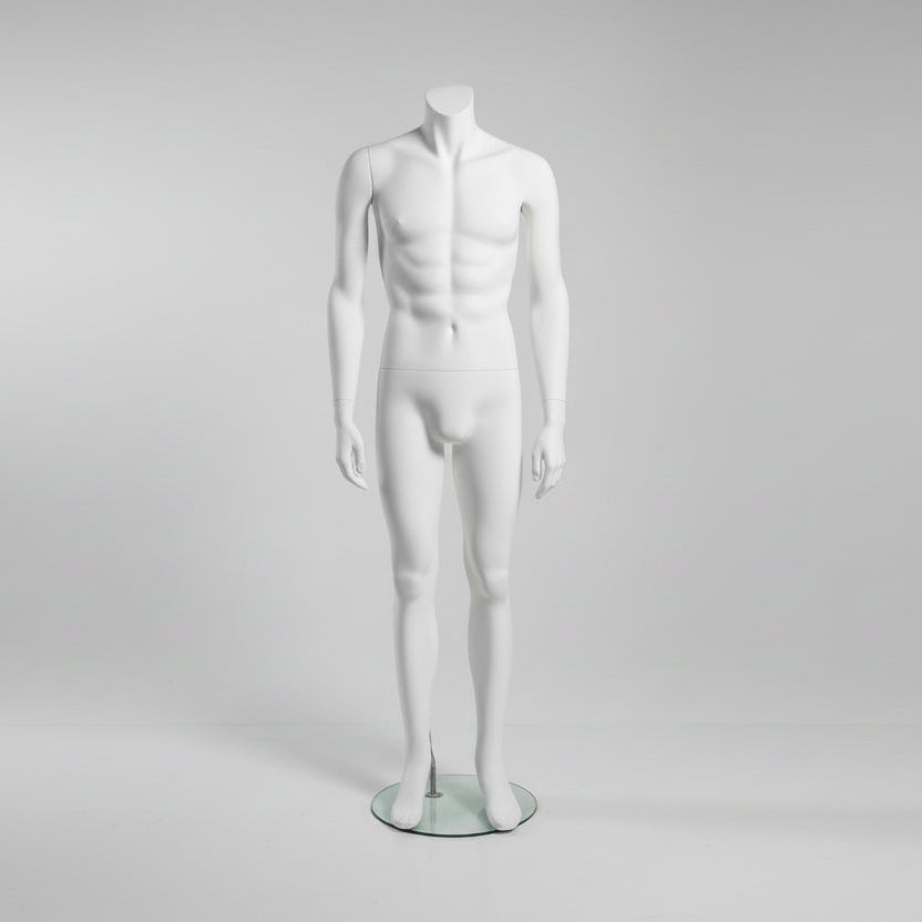 Headless herremannequin. Hvid, mat. Står ret - trænet
