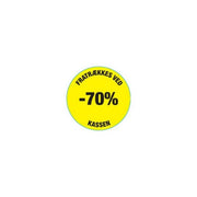 Keltainen alennustarra 70%. 500 kpl rullaa kohti.