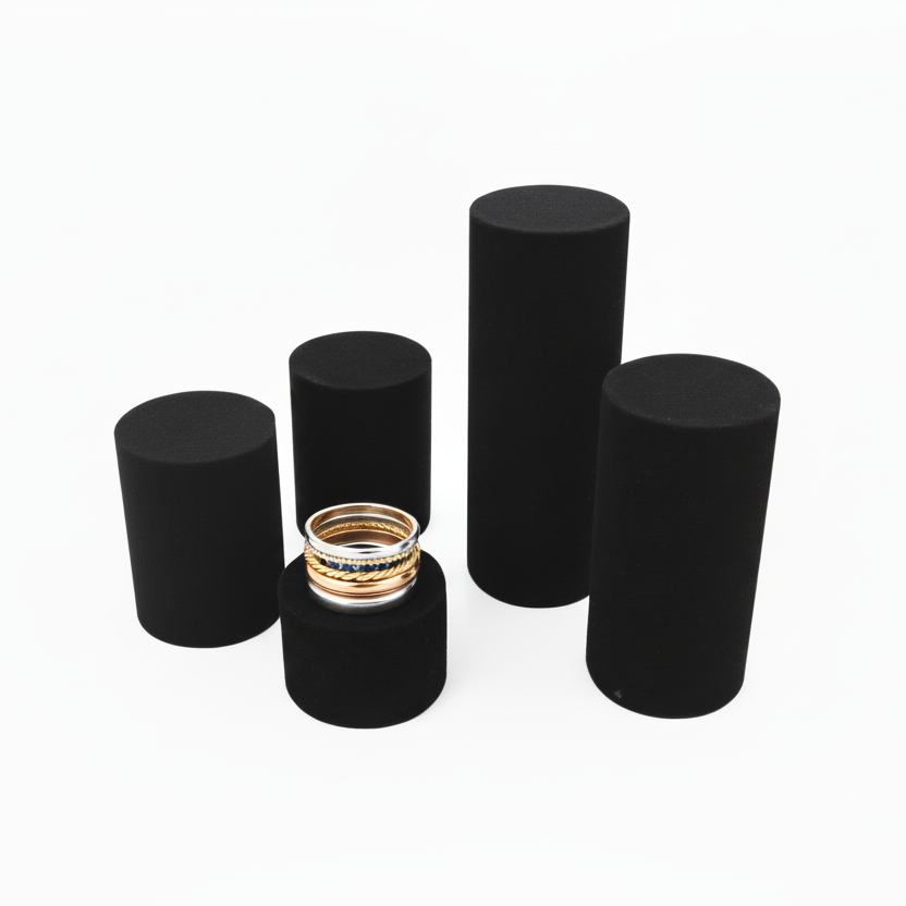 Smykkedisplays. Sæt med 5 cylinderformede smykkedisplays i sort Flock.