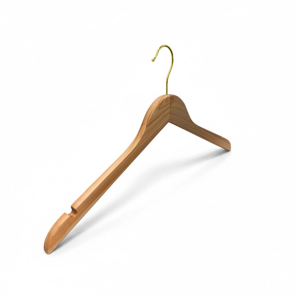 Massiivinen, litteä puuhenkari aikuisille, lovella, pyökkipuusta, "kultainen" koukku, 44,5 cm. Pakkaus 100 kpl. Hinta näytetty per kpl.