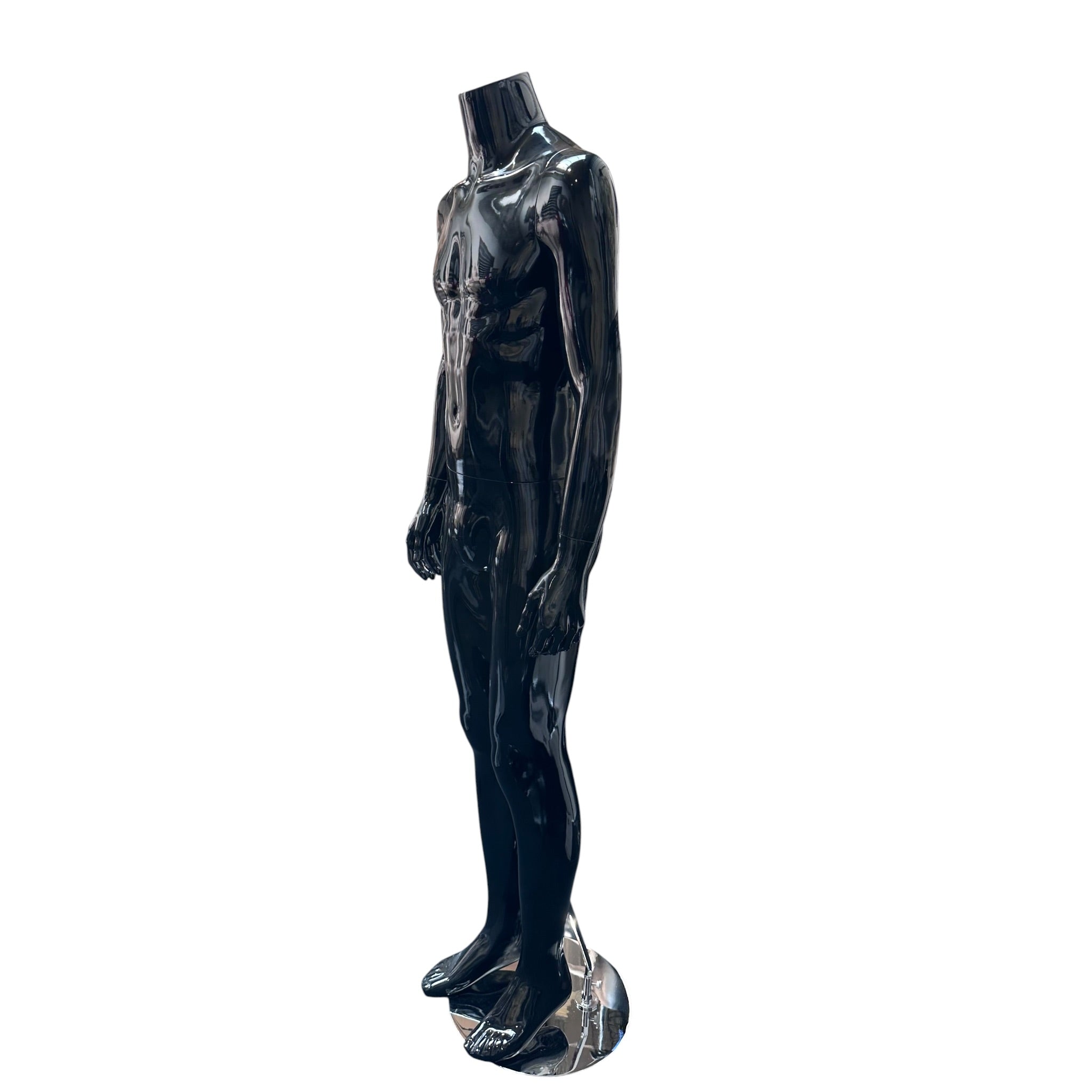 Family herremannequin. Sort high gloss uden hoved. Rund fod i glas. H175 cm. Model B - står ret