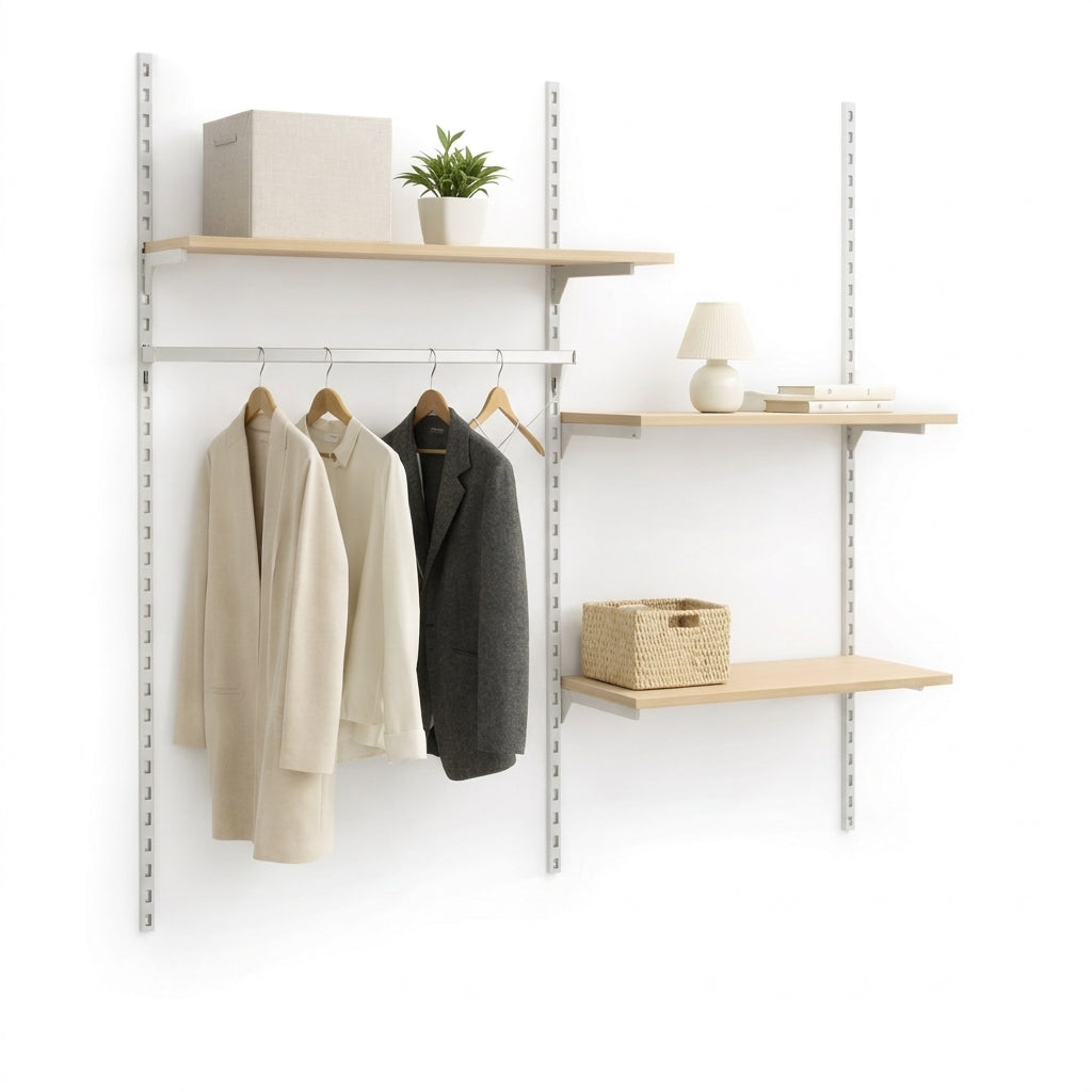 Seinäpaketti, jossa Framework-kiskot valkoisina, pyökistä tehdyt hyllyt ja vaatetanko. Mitat: n. 185 x K244 cm. Kuten kuvassa. Eteinen, vaatekaappi ja vaatehuone.