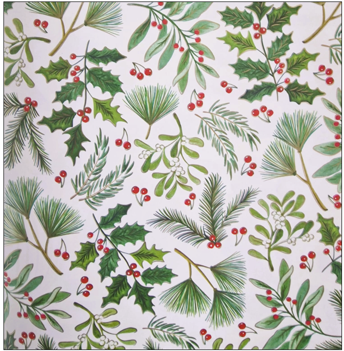 Joulupaperi ilex- ja kuusenoksilla. B50 cm x 50 mtr.