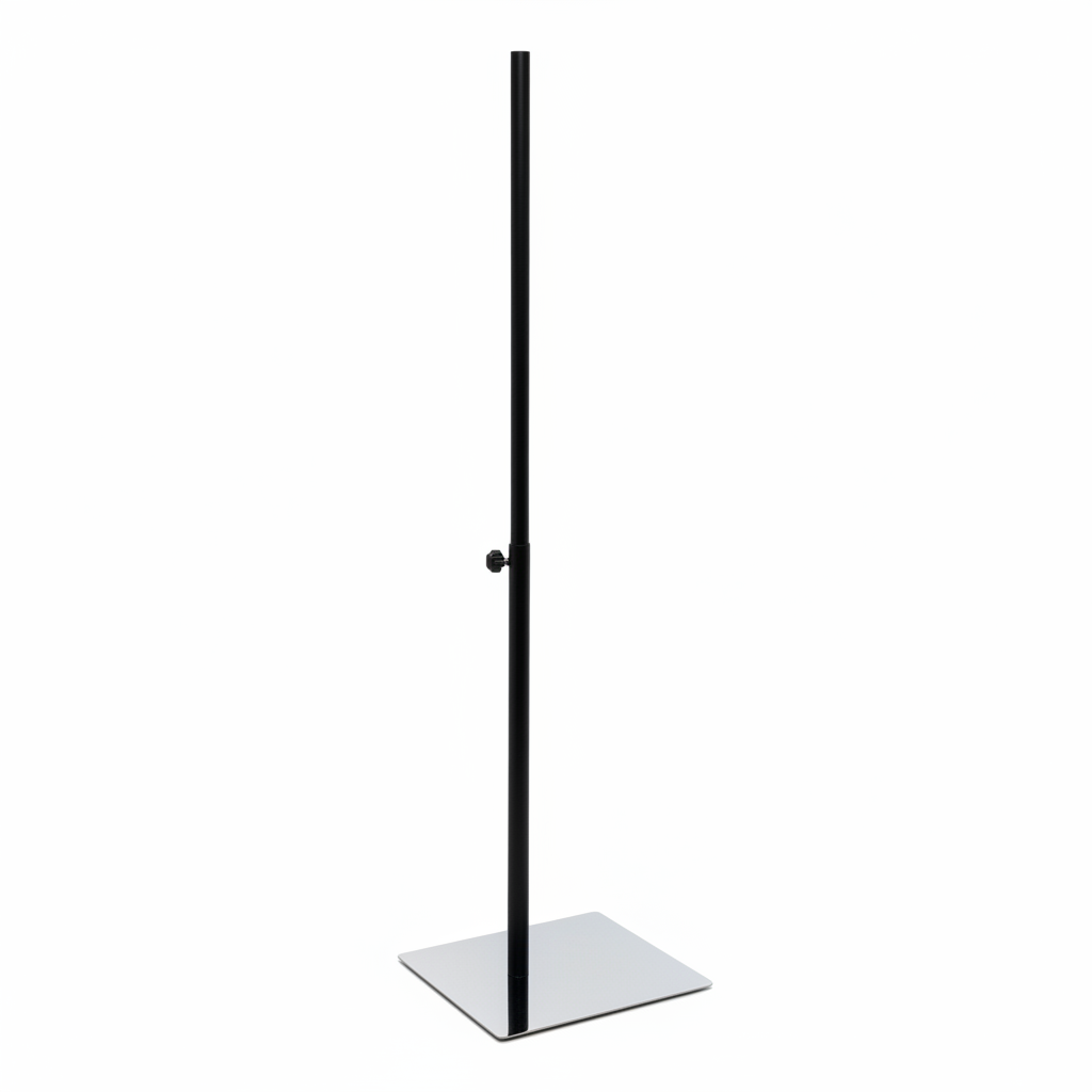 Metallinen jalkalevy 28,5 x 33 cm, kromattu, teleskooppivarrella, H70-116 cm, Ø 25 mm, musta.