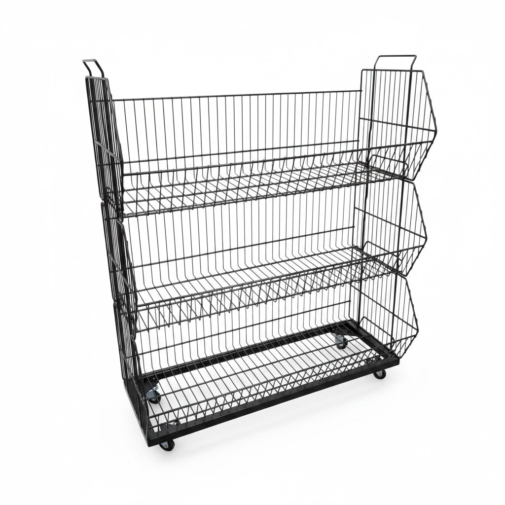 Stabelkurv med 3 kurve og hjul – mat sort, 81 x 43 x H100 cm