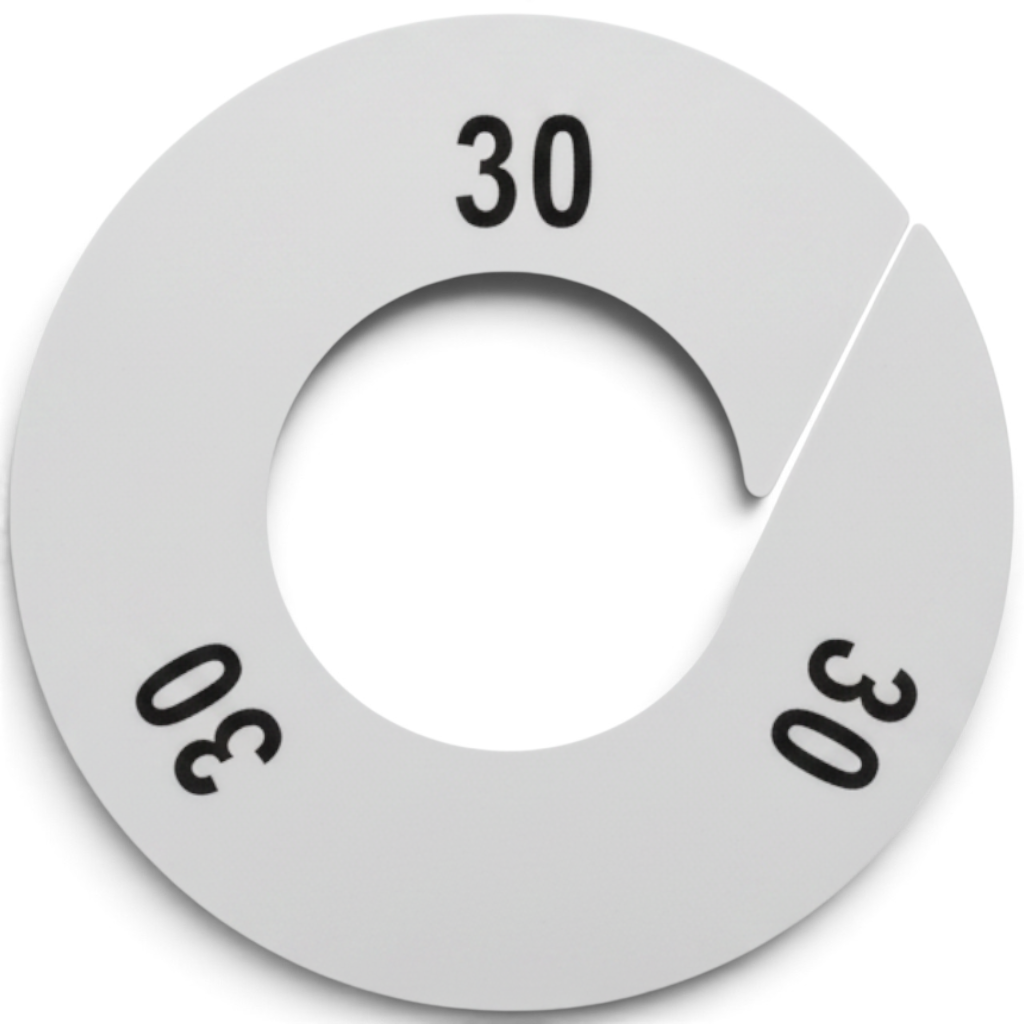 SuperSellerS hvid rund størrelsesadskiller til tøjstativ med sort tryk af tallet 30, 9 cm i diameter