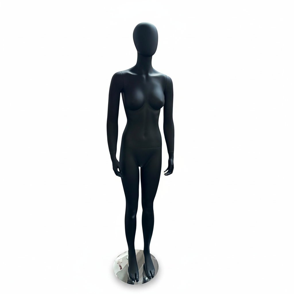 Faceless naistenmallinukke. Musta, matta Faceless-pää. Seisoo suorassa. Kromattu jalusta