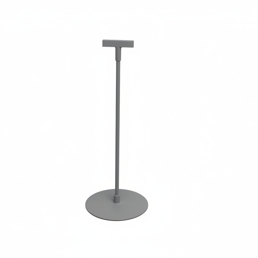 Kylttiteline. Muovijalkaisella tangolla. Kiinteä korkeus 33 cm. TUMMANHARMAА