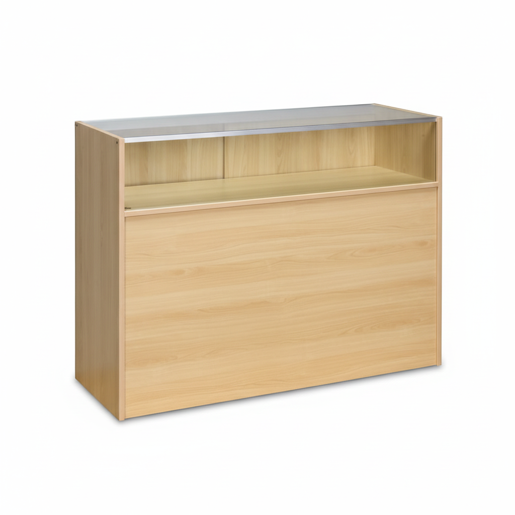 Slimline Disk, glasmodul, med 1/4 glasfront og skydelåger, ahorn, B 122 × D 46 × H 96 cm
