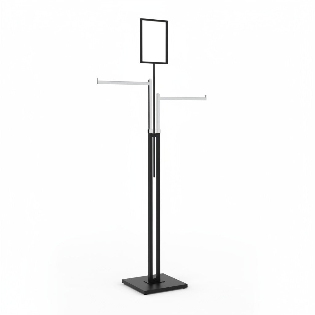 Joystativ, med 2 lige arme (38 cm.) i krom, højdejusterbar, har stillesko, sort stativ, 80 x 39 cm, H125-195 cm