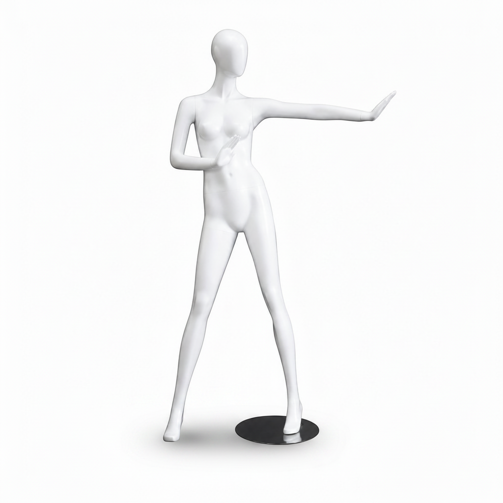1100 Faceless damemannequin. Hvid high gloss med Faceless hoved. H 178 cm. Stop disko
