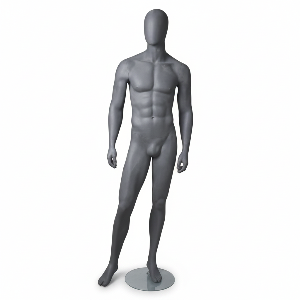 1600 Faceless miestenrintamalli. Harmaa mattapinta ja Faceless- pää. Korkeus 184 cm. Metallinen jalusta
