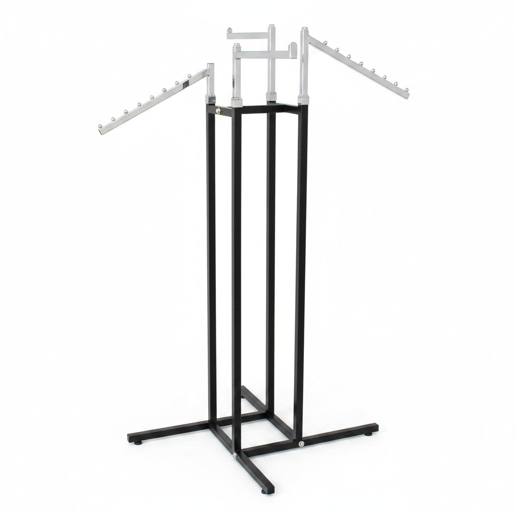 SuperSellerS height-adjustable clothing rack with black frame and two straight and two slanted chrome arms