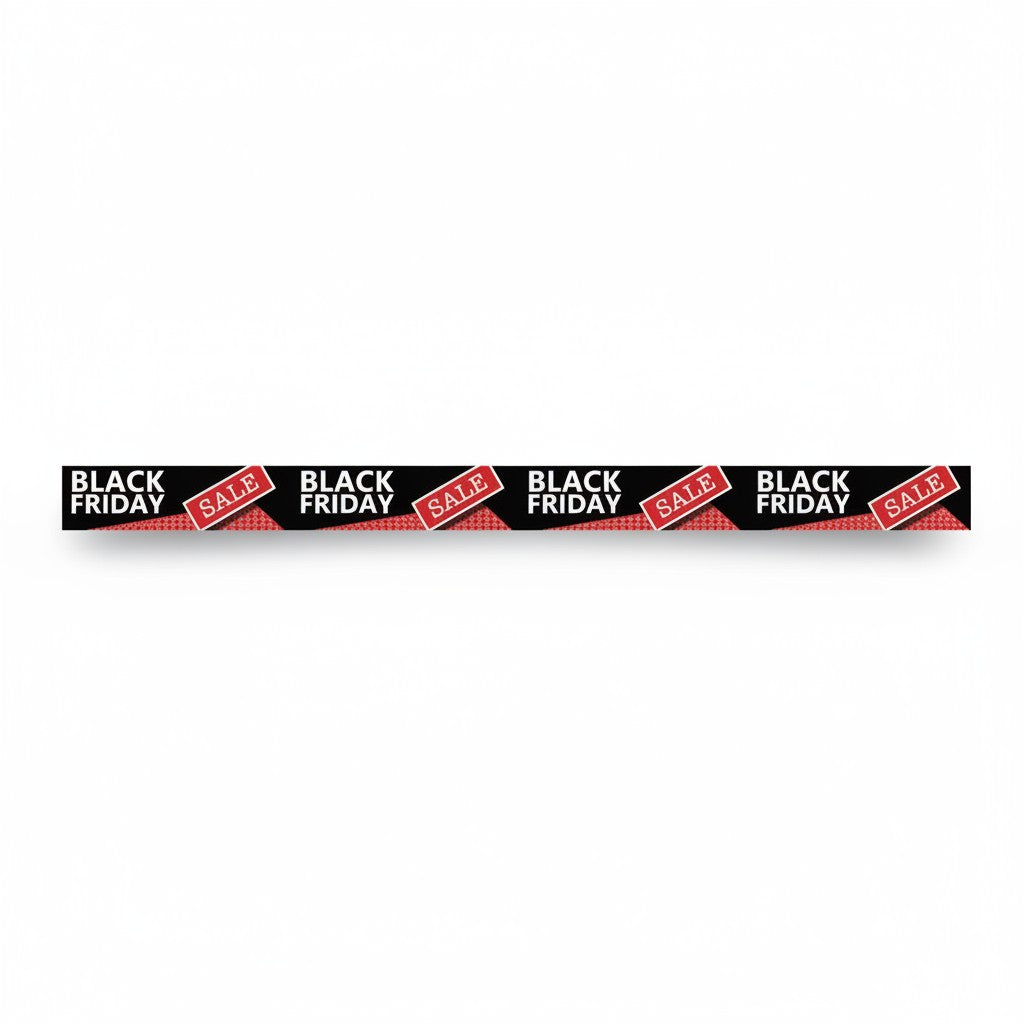 SuperSellerS Black Friday self-adhesive window streamer in red, black, and white with sale tags, 120 cm long.