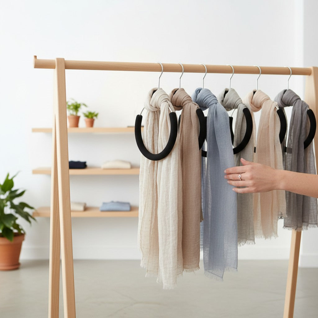 SuperSellerS chrome scarf ring with black foam padding displaying various linen scarves on a wooden clothing rack