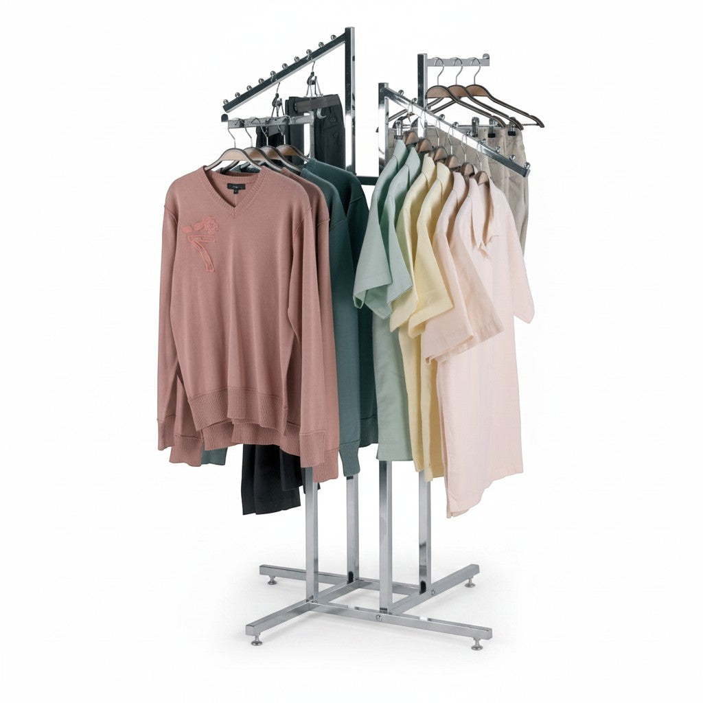 SuperSellerS Click Joy chrome clothing rack with two straight and two slanted arms displaying various shirts and sweaters