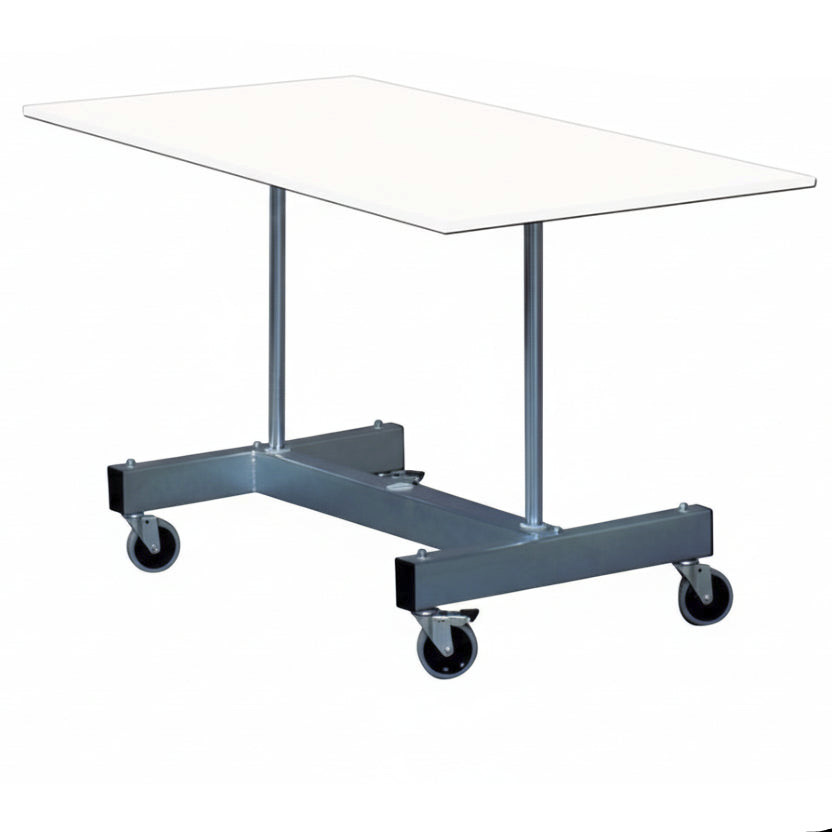 SuperSellerS Fantasy no. 6 display table with a white rectangular top and a grey metal frame on wheels.