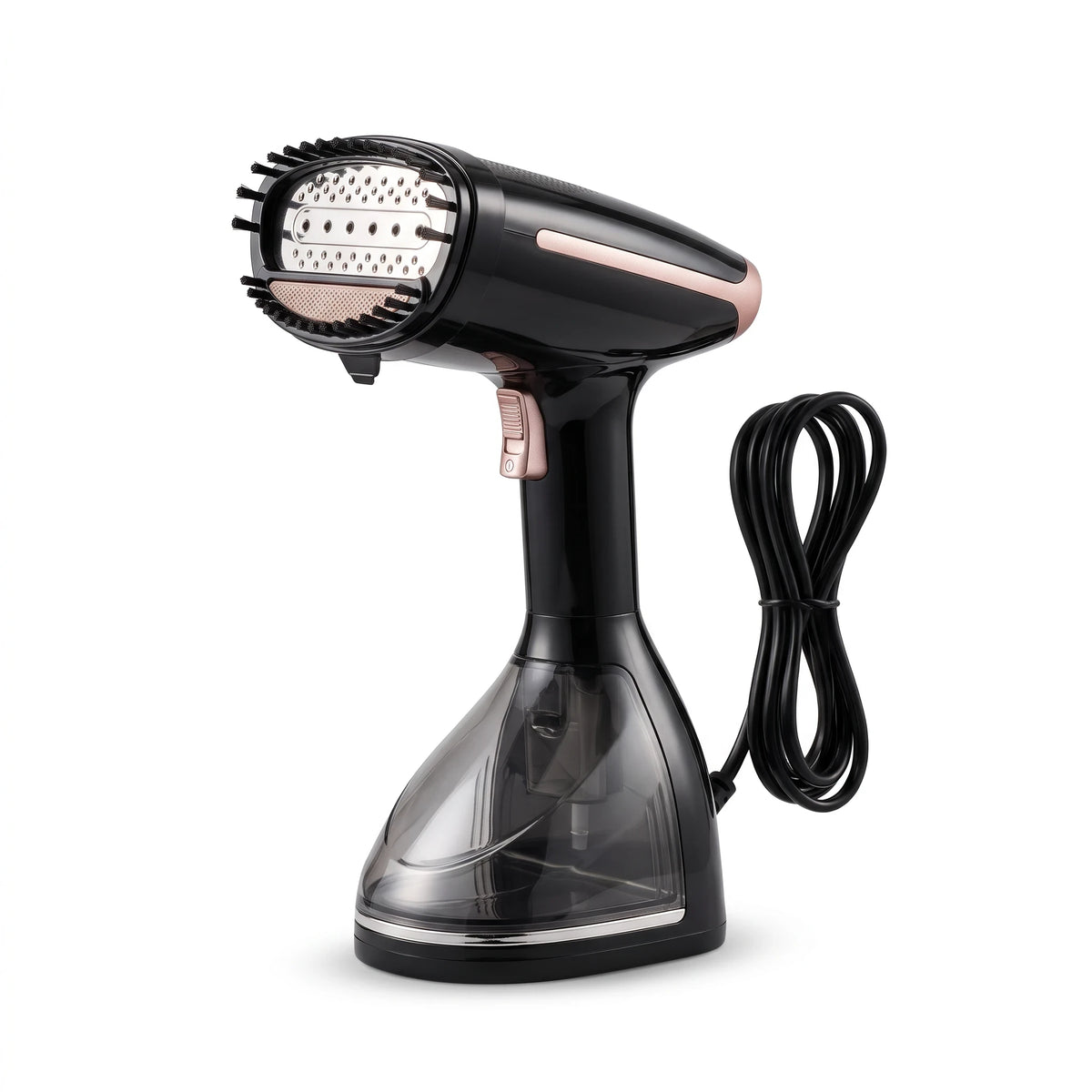 SuperSellerS HANDY Henry tøjsteamer i sort plast med rose gold detaljer, børstehoved og gennemsigtig vandbeholder.