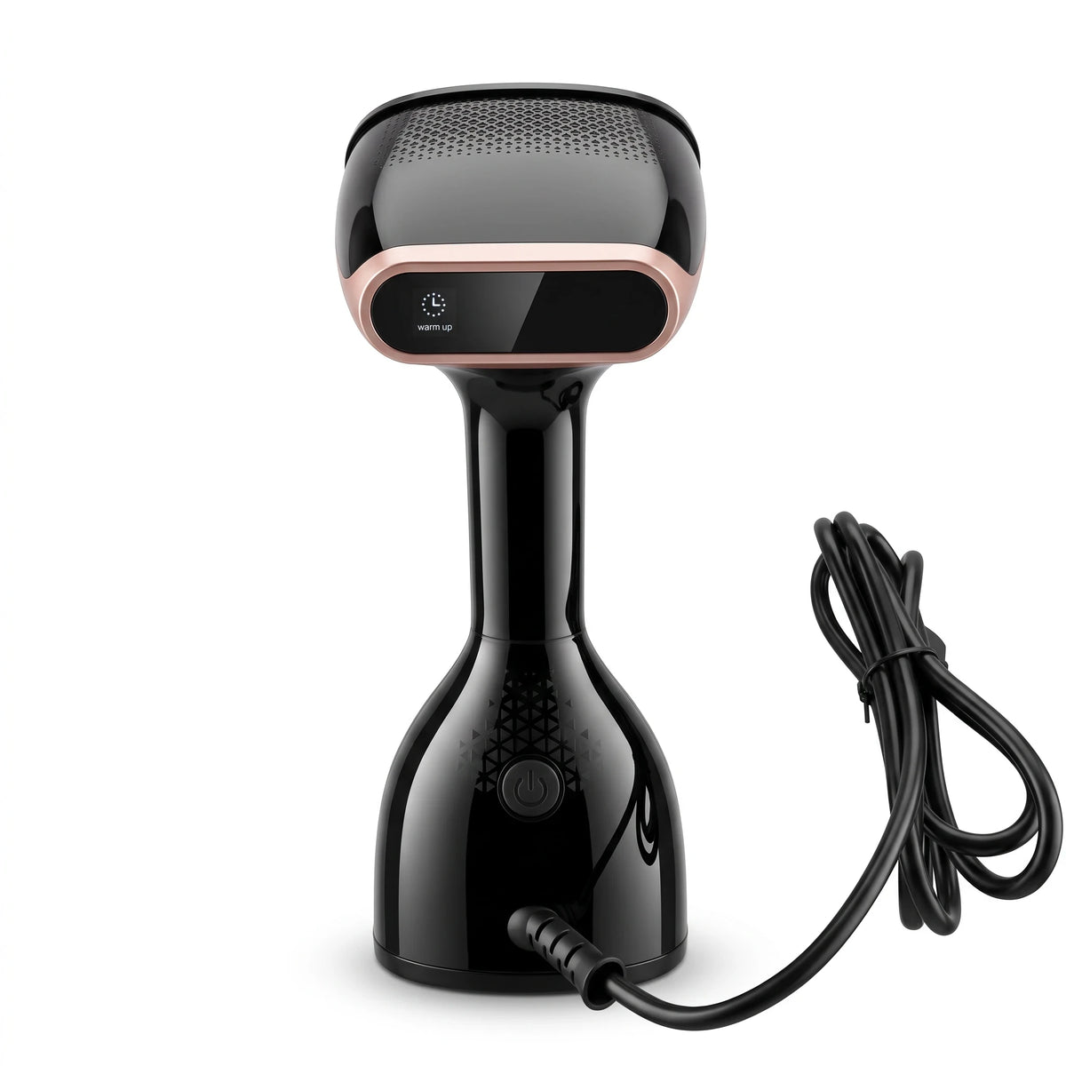 SuperSellerS HANDY Henry tøjsteamer i sort plast med rose gold detaljer, LED-display og børstehoved til tøjpleje.