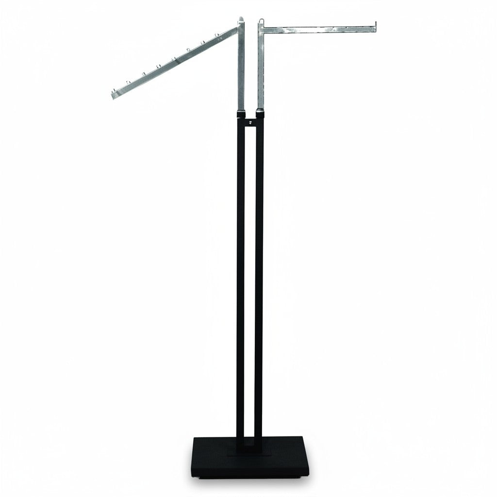 SuperSellerS Joy floor clothing rack with one straight and one slanted chrome arm, black base, height adjustable