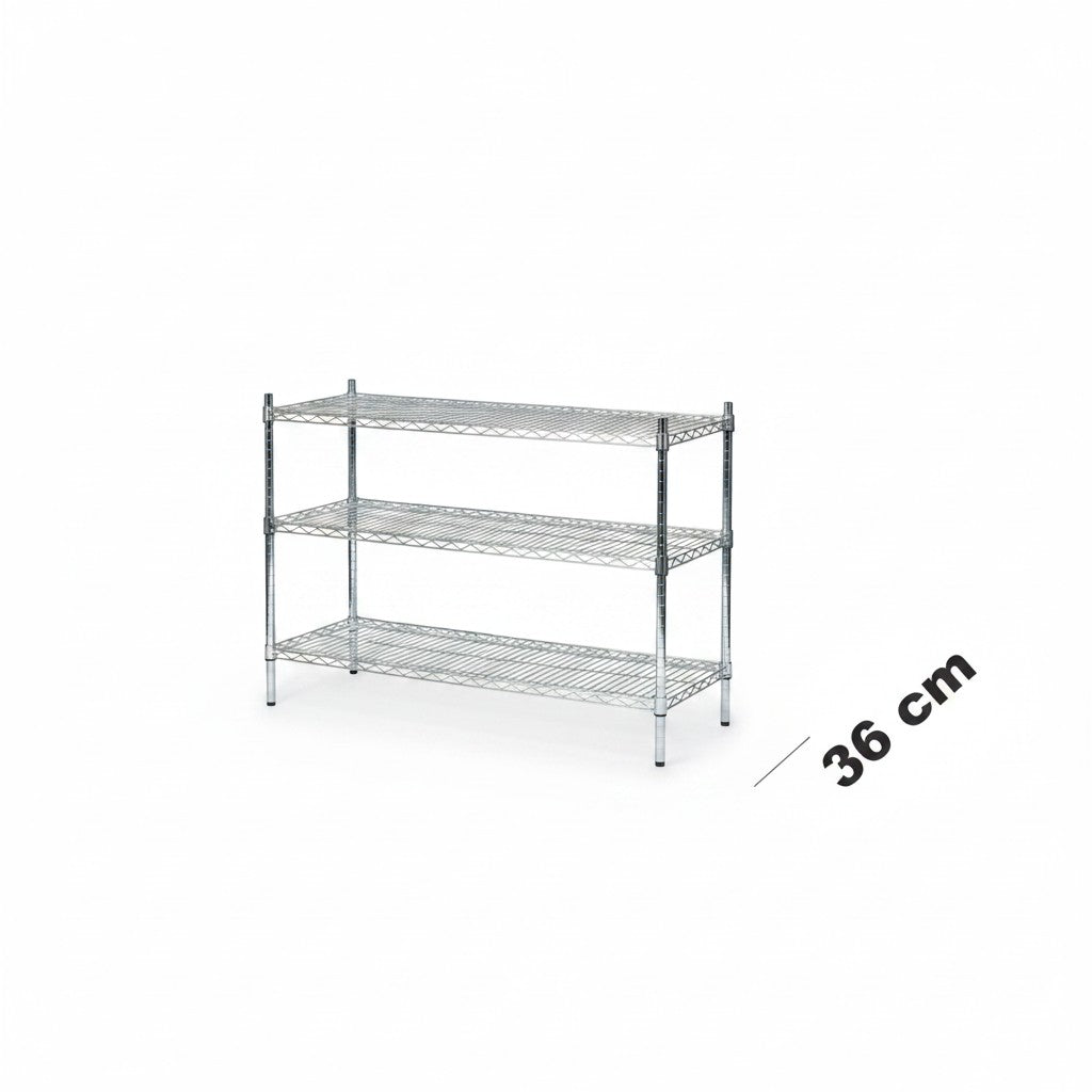 SuperSellerS Tubo chrome wire shelving unit with three shelves, measuring 90 x 122 x 36 cm for retail display.