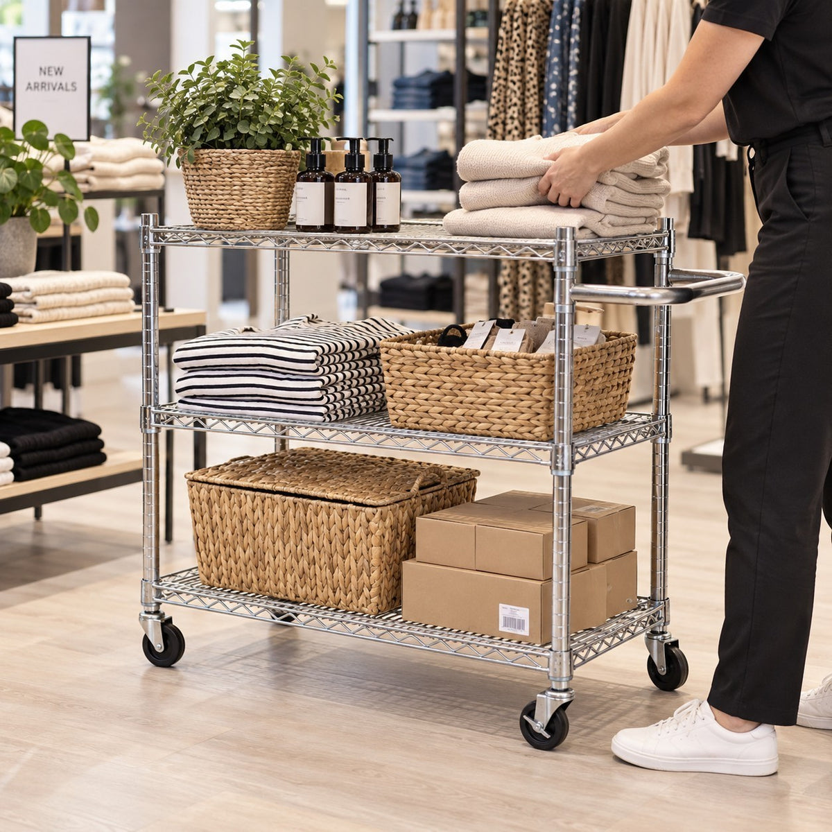 SuperSellerS TUBO rullevogn i krom med tre hylder, fyldt med kurve og tekstiler i en butik