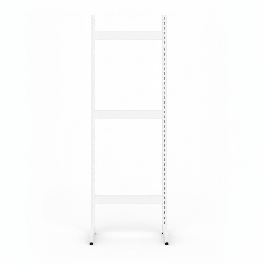 SuperSellerS white L-gondola retail display unit for wall-side product presentation with vertical slotted columns.